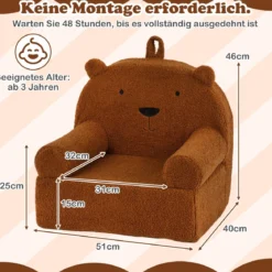 Kindersofa Bär Kindersessel mit abnehmbarem Teddy-Fleece Bezug & Schaumstoff Braun