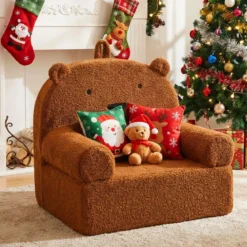 Kindersofa Bär Kindersessel mit abnehmbarem Teddy-Fleece Bezug & Schaumstoff Braun