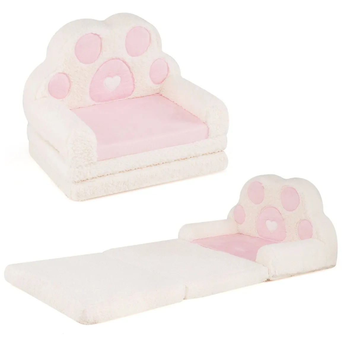 Kindersofa 2 in 1 Kindersessel Ausklappbar Kindercouch mit Abnehmbarem Bezug in Bärenpfoten-Design Rosa
