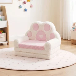 Kindersofa 2 in 1 Kindersessel Ausklappbar Kindercouch mit Abnehmbarem Bezug in Bärenpfoten-Design Rosa