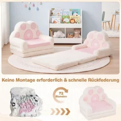 Kindersofa 2 in 1 Kindersessel Ausklappbar Kindercouch mit Abnehmbarem Bezug in Bärenpfoten-Design Rosa