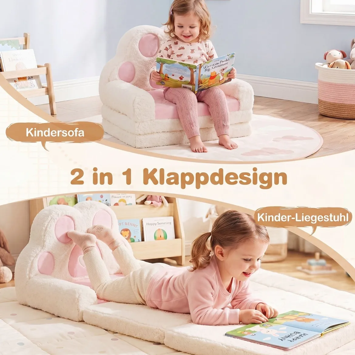 Kindersofa 2 in 1 Kindersessel Ausklappbar Kindercouch mit Abnehmbarem Bezug in Bärenpfoten-Design Rosa
