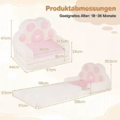 Kindersofa 2 in 1 Kindersessel Ausklappbar Kindercouch mit Abnehmbarem Bezug in Bärenpfoten-Design Rosa