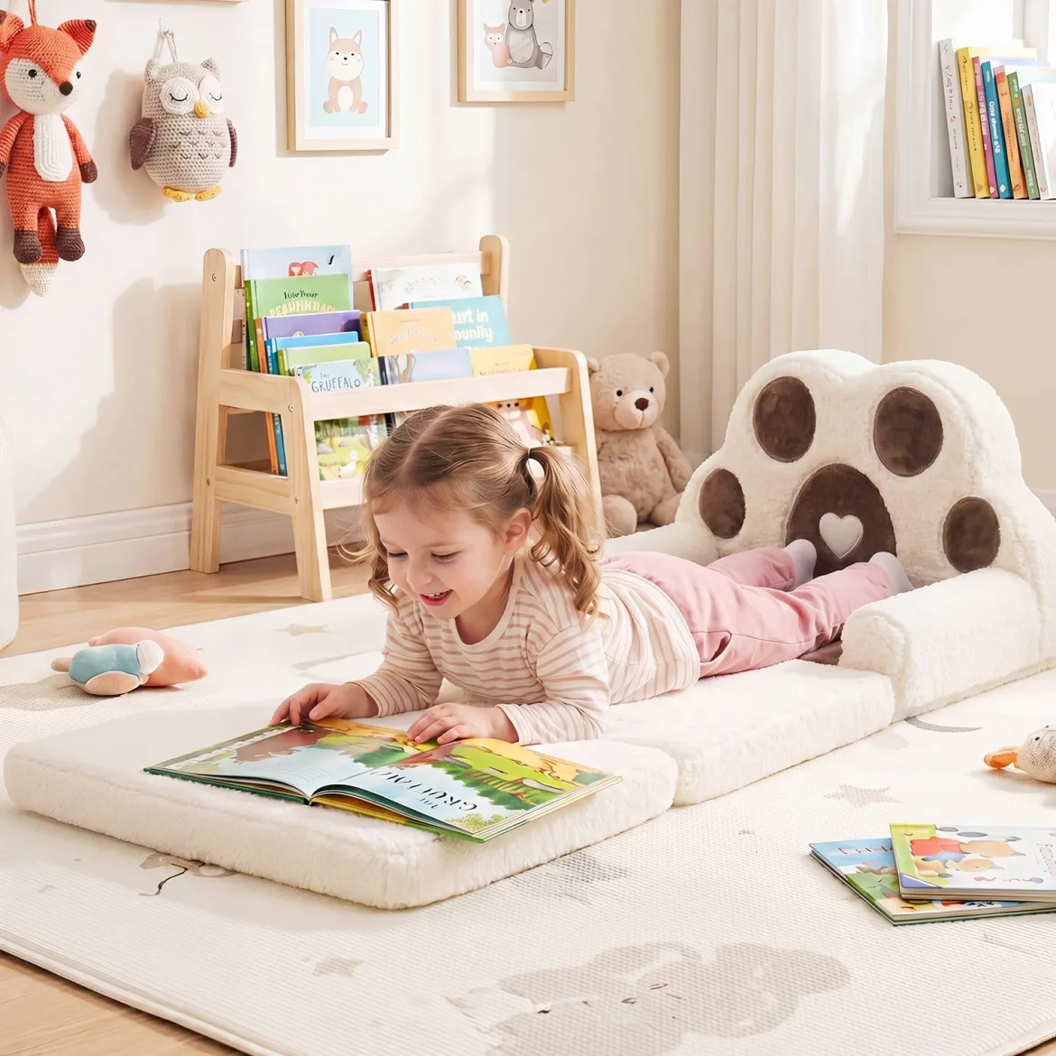 Kindersofa 2 in 1 Kindersessel Ausklappbar Kindercouch mit Abnehmbarem Bezug Braun