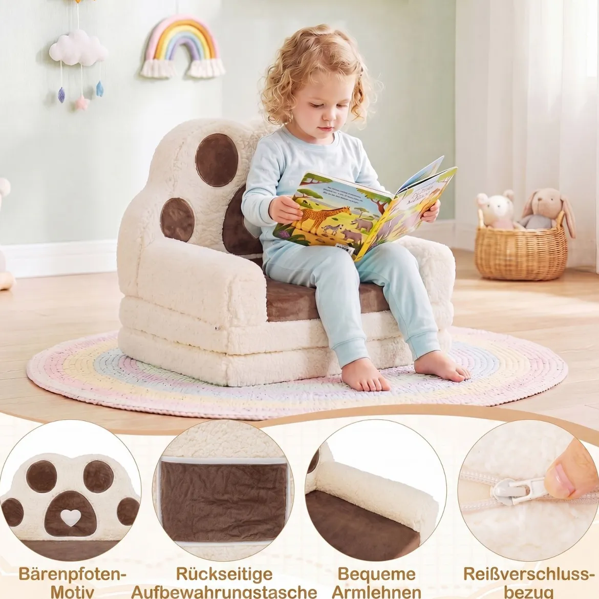 Kindersofa 2 in 1 Kindersessel Ausklappbar Kindercouch mit Abnehmbarem Bezug Braun