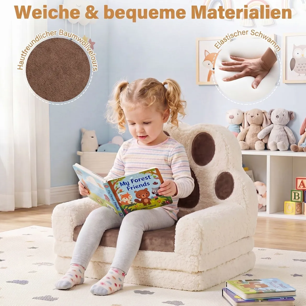Kindersofa 2 in 1 Kindersessel Ausklappbar Kindercouch mit Abnehmbarem Bezug Braun