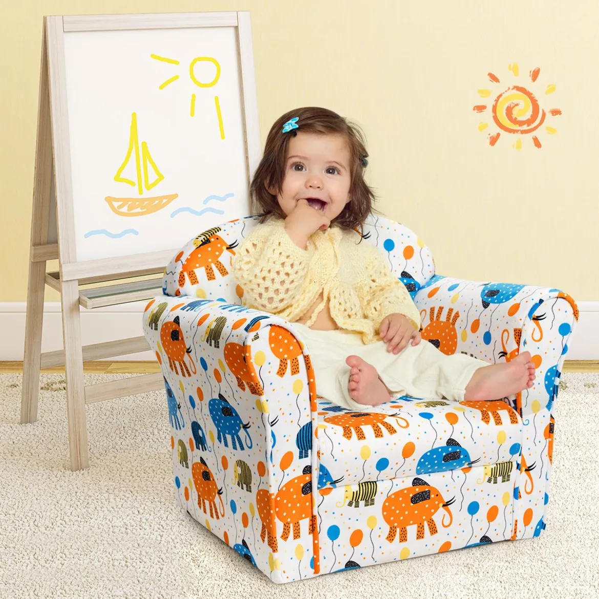 Kindersofa Kindersessel mit Elefantenmuster Kindercouch mit Holzrahmen 50 x 37,5 x 43 cm Bunt