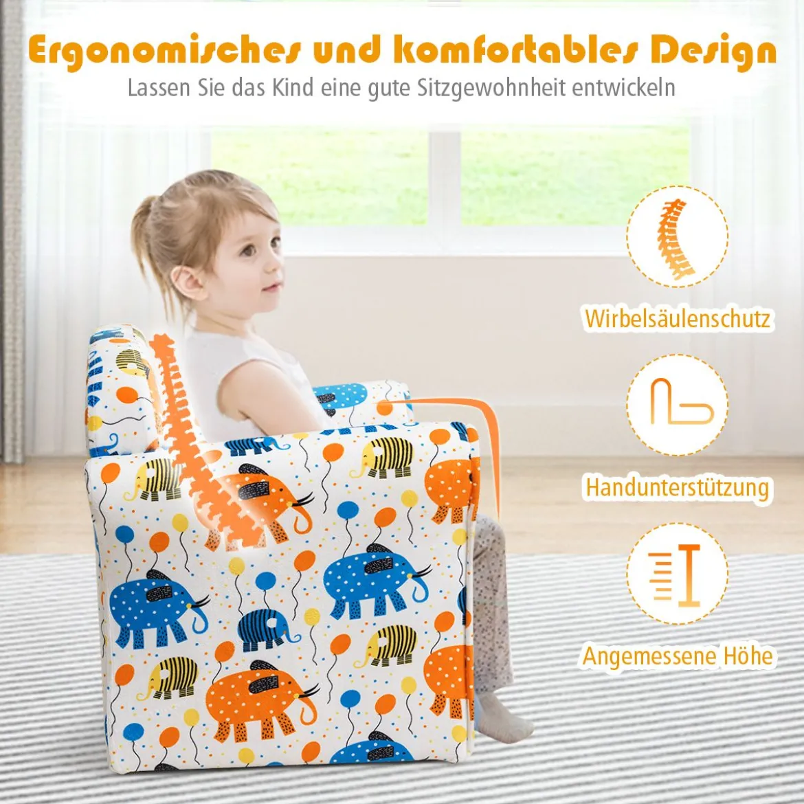 Kindersofa Kindersessel mit Elefantenmuster Kindercouch mit Holzrahmen 50 x 37,5 x 43 cm Bunt