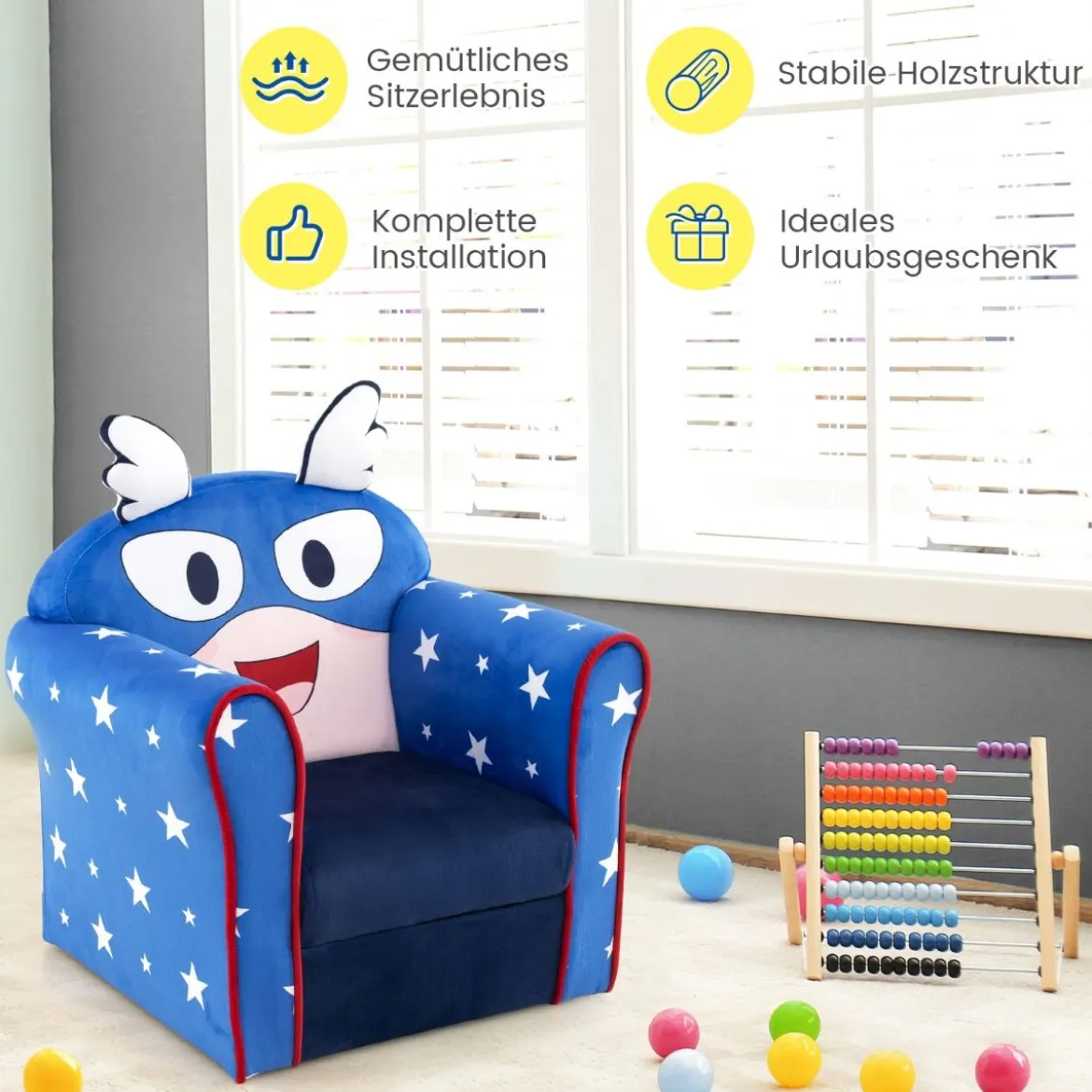 Kinder-Sofa Kleinkinder Polster-Armlehnenstuhl mit massivem Holzrahmen 50 x 40 x 54 cm Blau