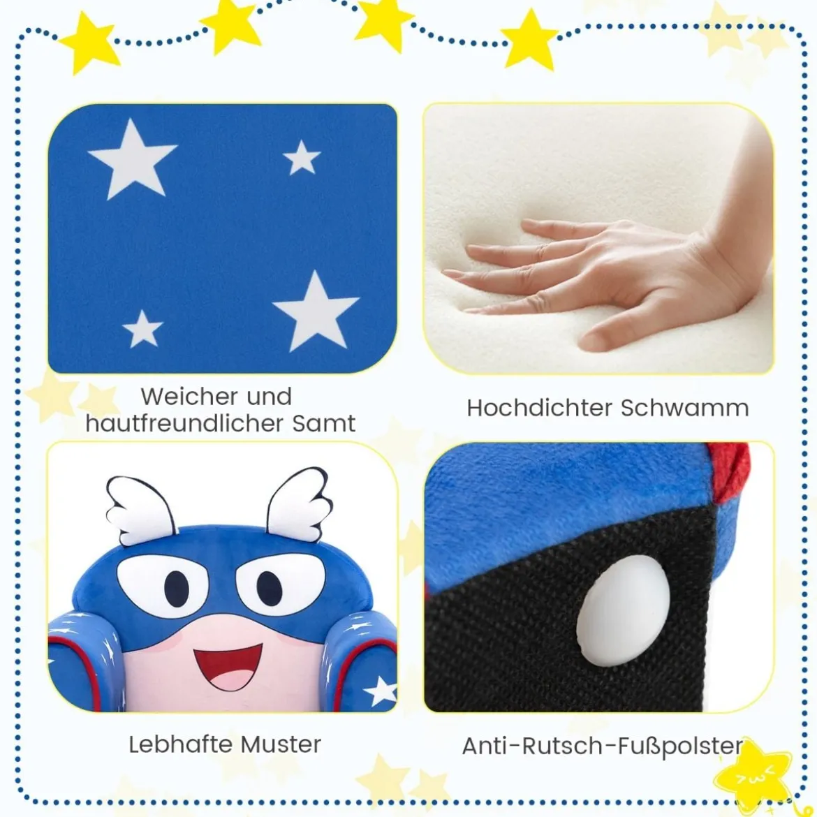 Kinder-Sofa Kleinkinder Polster-Armlehnenstuhl mit massivem Holzrahmen 50 x 40 x 54 cm Blau