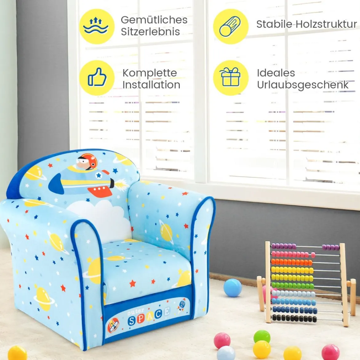 Kinder-Sofa Kleinkinder Polster-Armlehnenstuhl mit massivem Holzrahmen 50 x 40 x 44 cm (Raumschiff)