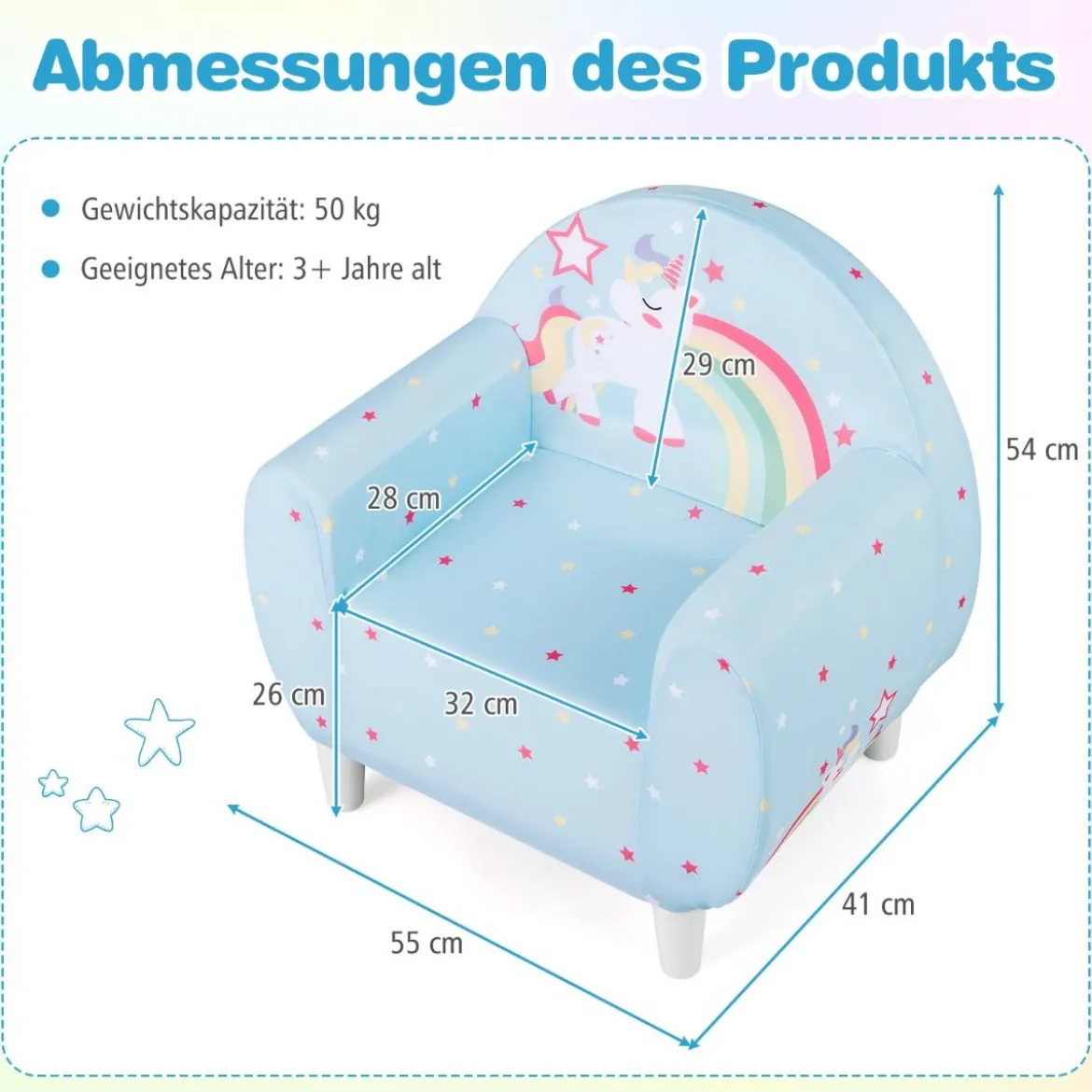 Kindersofa mit Rückenlehne & Armlehne Gepolsterter Kindersessel Einhorn Lesecouch