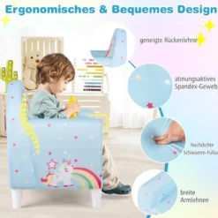 Kindersofa mit Rückenlehne & Armlehne Gepolsterter Kindersessel Einhorn Lesecouch