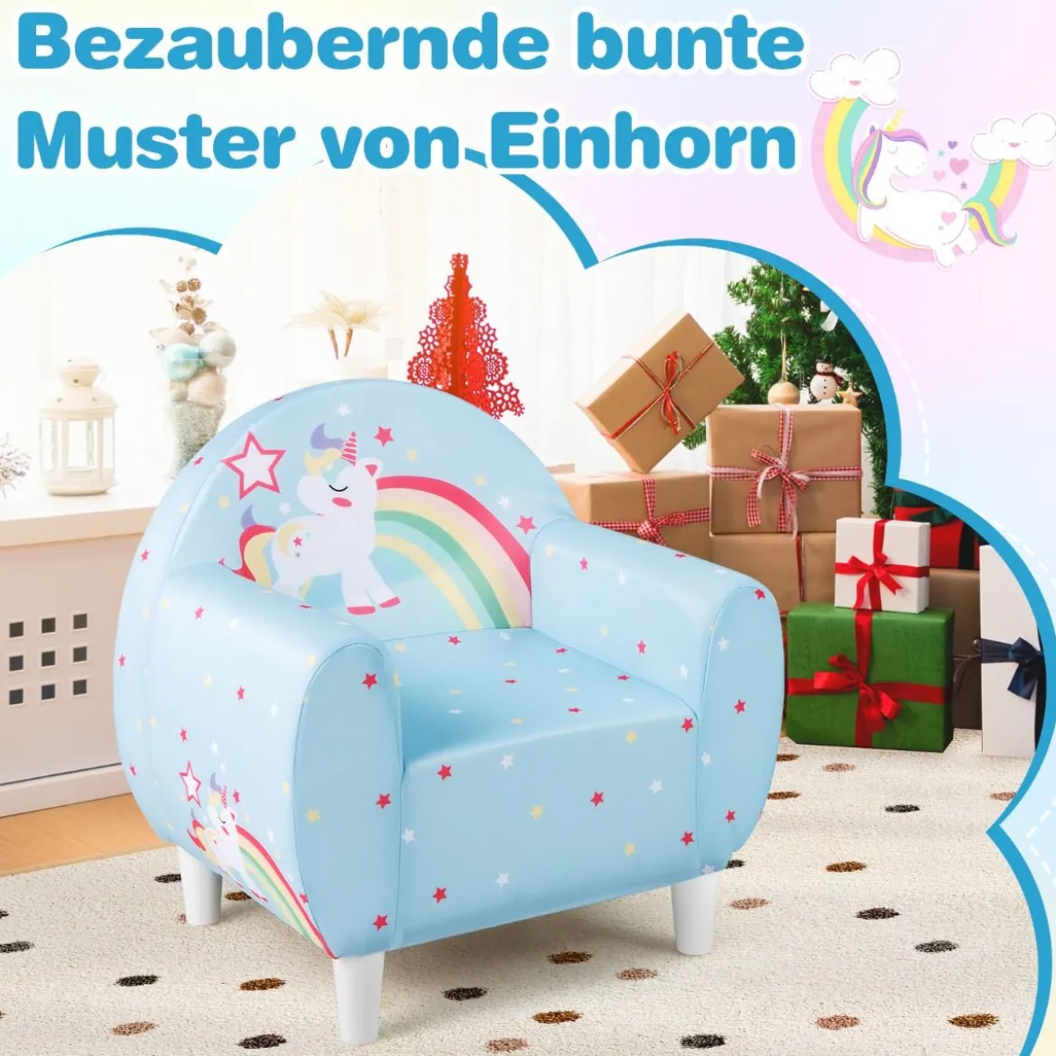 Kindersofa mit Rückenlehne & Armlehne Gepolsterter Kindersessel Einhorn Lesecouch