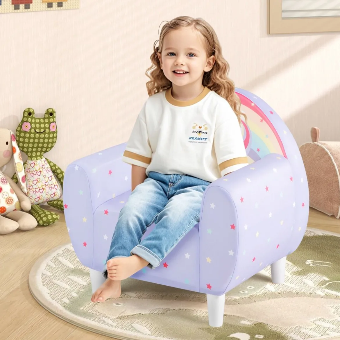 Kindersofa mit Rückenlehne & Armlehne Gepolsterter Kindersessel Einhorn Lesecouch