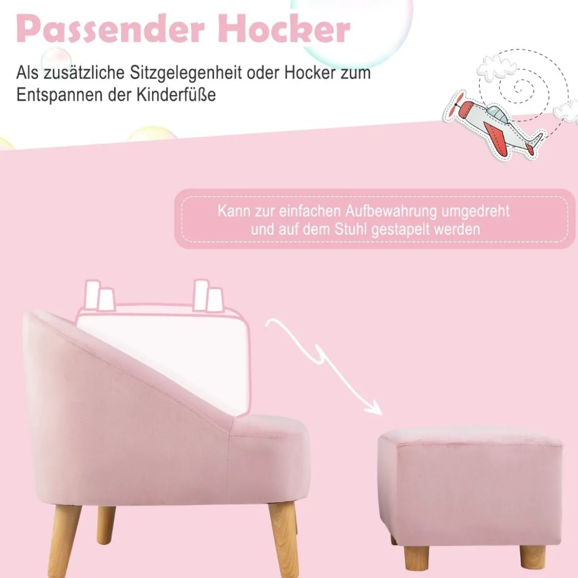 Kinder-Sofa-Set und Ottomane Einzel-Sofa-Stuhl für Kleinkinder mit Passendem Hocker Rosa