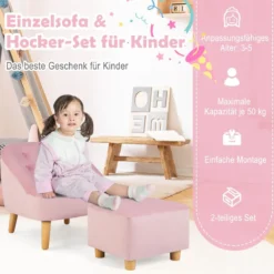 Kinder-Sofa-Set und Ottomane Einzel-Sofa-Stuhl für Kleinkinder mit Passendem Hocker Rosa
