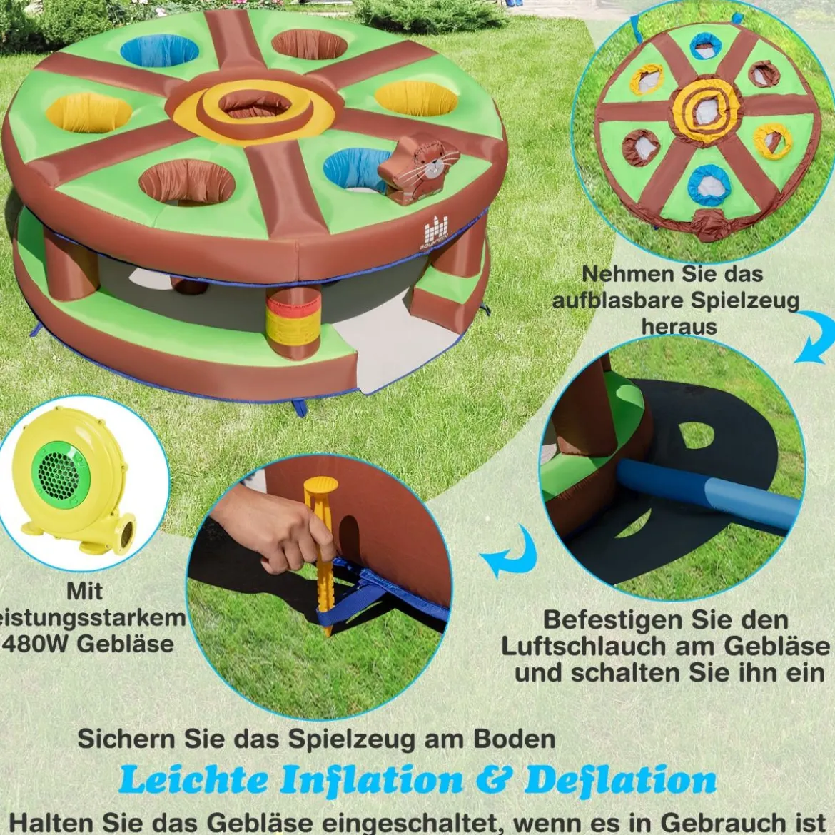 Kinderspiel Aufblasbares Hau-den-Maulwurf Spiel mit 480-W-Gebläse für Kinder 256 x 256 x 120 cm