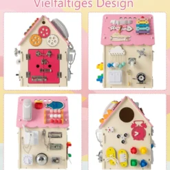 Kinder Spielhaus aus Holz mit Sinnesspielen und Stauraum für Kinder ab 3 J. Rosa