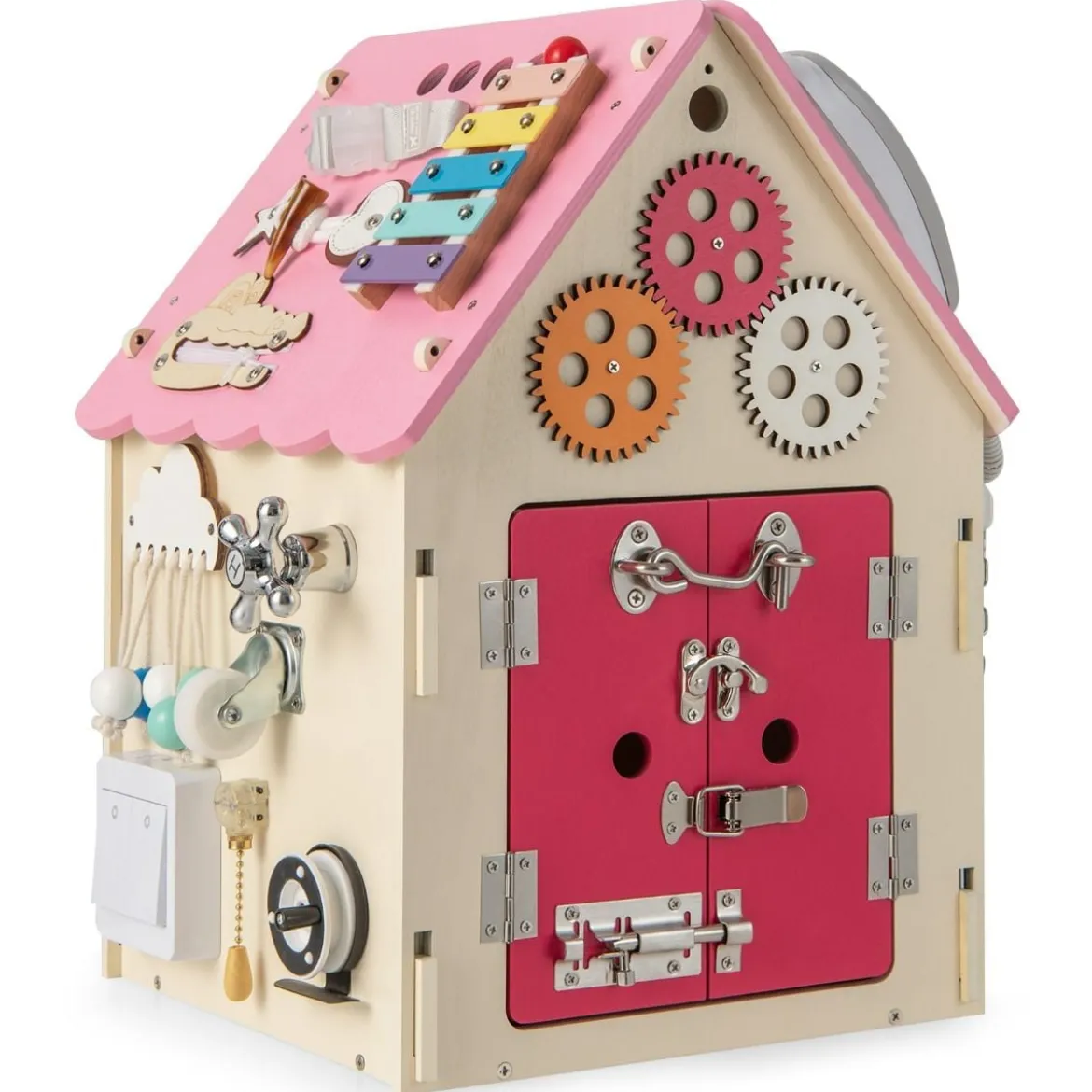 Kinder Spielhaus aus Holz mit Sinnesspielen und Stauraum für Kinder ab 3 J. Rosa