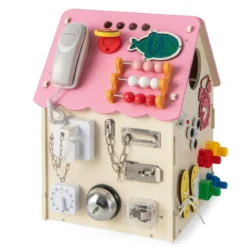 Kinder Spielhaus aus Holz mit Sinnesspielen und Stauraum für Kinder ab 3 J. Rosa