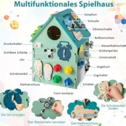 Kinder Spielhaus aus Holz mit Sinnesspielen und Stauraum für Kinder ab 3 J. Blau