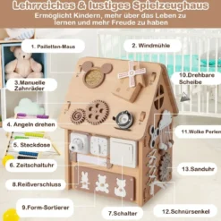 Kinder Spielhaus aus Holz Sensorisches Spielhaus mit Sinnesspielen & Stauraum für Kinder ab 3 J.