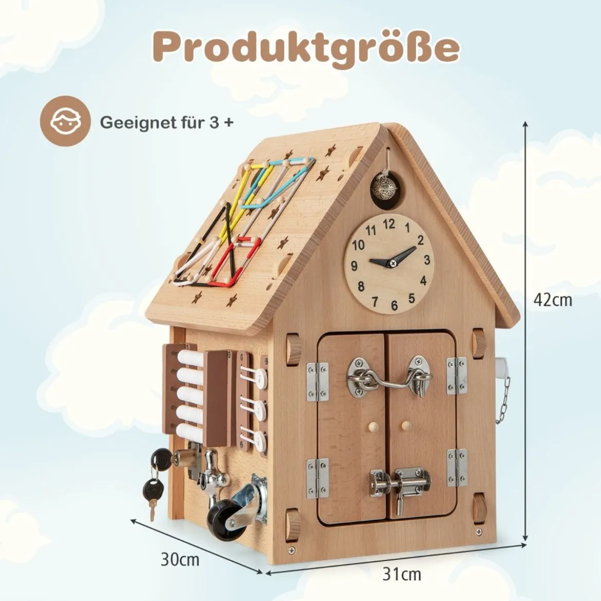 Kinder Spielhaus aus Holz Sensorisches Spielhaus mit Sinnesspielen & Stauraum für Kinder ab 3 J.