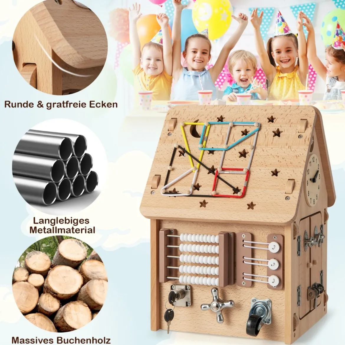 Kinder Spielhaus aus Holz Sensorisches Spielhaus mit Sinnesspielen & Stauraum für Kinder ab 3 J.