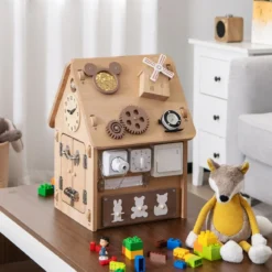 Kinder Spielhaus aus Holz Sensorisches Spielhaus mit Sinnesspielen & Stauraum für Kinder ab 3 J.