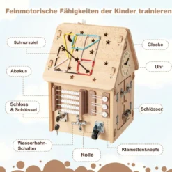 Kinder Spielhaus aus Holz Sensorisches Spielhaus mit Sinnesspielen & Stauraum für Kinder ab 3 J.
