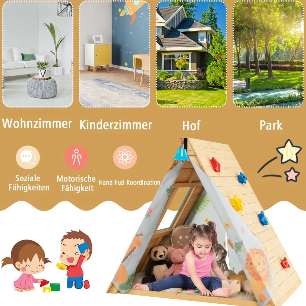 Kinderspielhaus Dreieckiges Spielzelt mit Kletterwand für Kinder 115 x 77 x 100 cm Natur