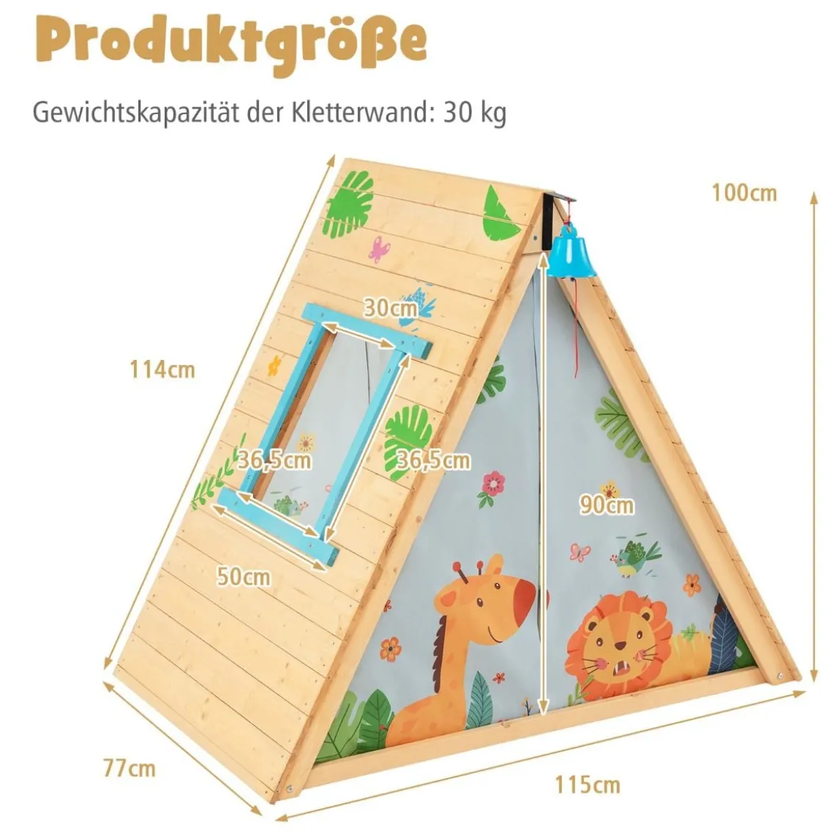 Kinderspielhaus Dreieckiges Spielzelt mit Kletterwand für Kinder 115 x 77 x 100 cm Natur