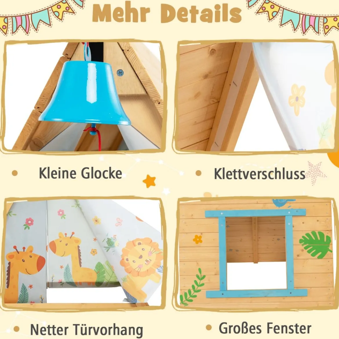 Kinderspielhaus Dreieckiges Spielzelt mit Kletterwand für Kinder 115 x 77 x 100 cm Natur