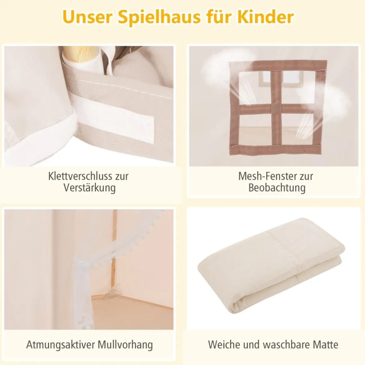 Kinderspielhaus Kinderzelt Spielhaus Prinzess Prinzessin 120 x 105 x 140 cm Beige+Braun