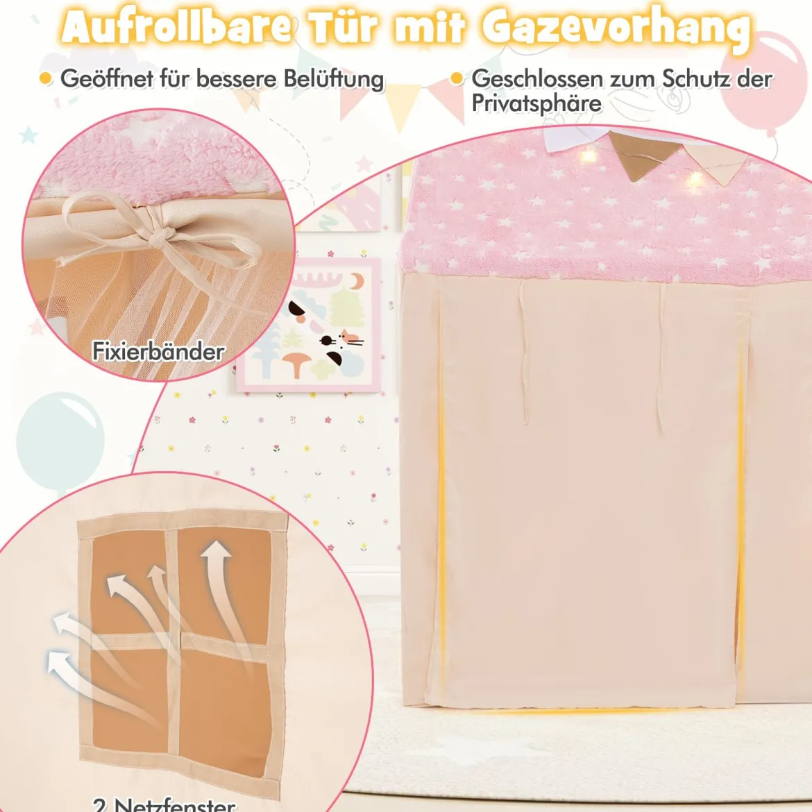 Kinder Spielhaus mit Gepolsterter Matte & Sternenlichtern Kinderzelt Spielzelt Rosa