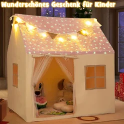 Kinder Spielhaus mit Gepolsterter Matte & Sternenlichtern Kinderzelt Spielzelt Rosa