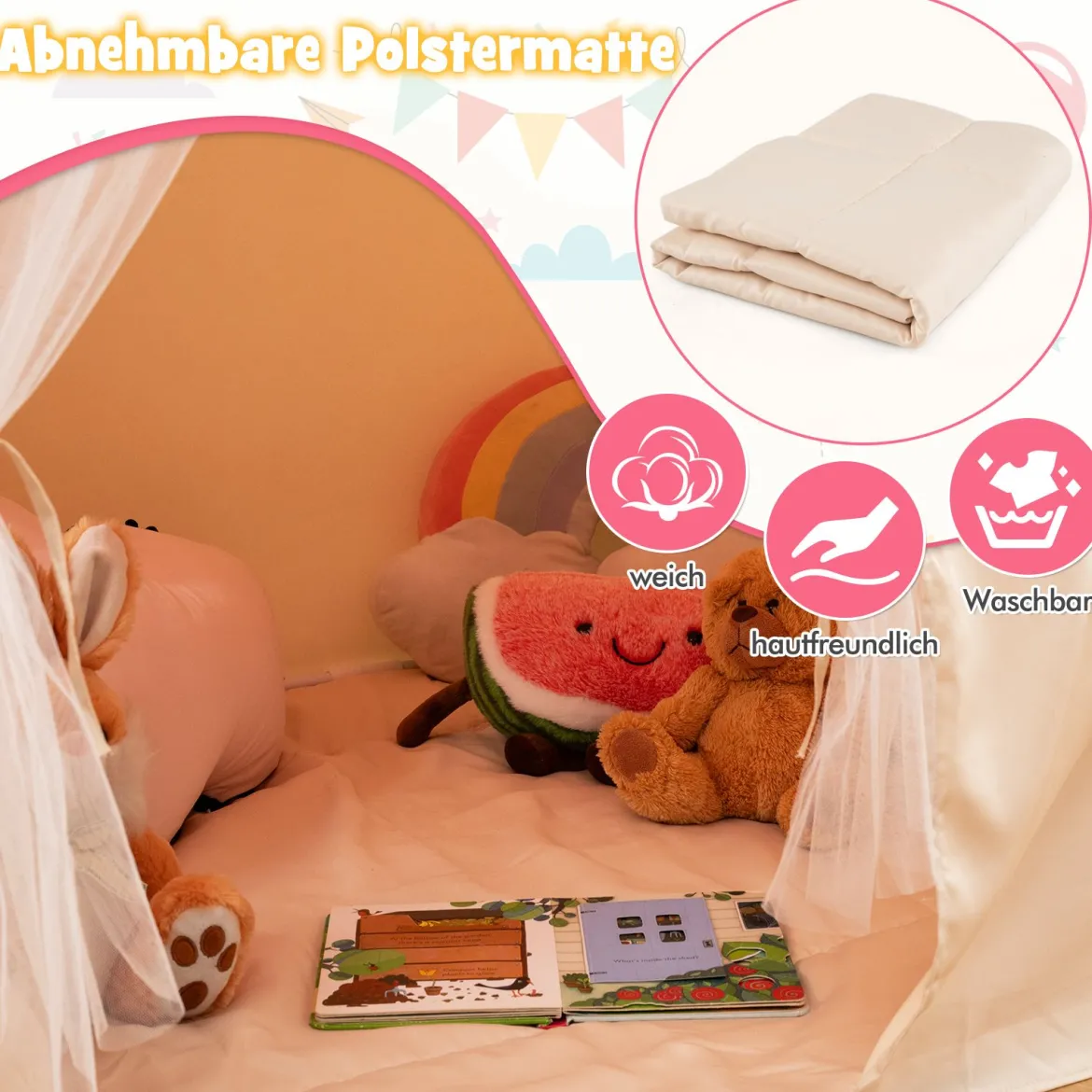 Kinder Spielhaus mit Gepolsterter Matte & Sternenlichtern Kinderzelt Spielzelt Rosa