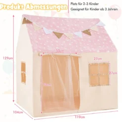 Kinder Spielhaus mit Gepolsterter Matte & Sternenlichtern Kinderzelt Spielzelt Rosa