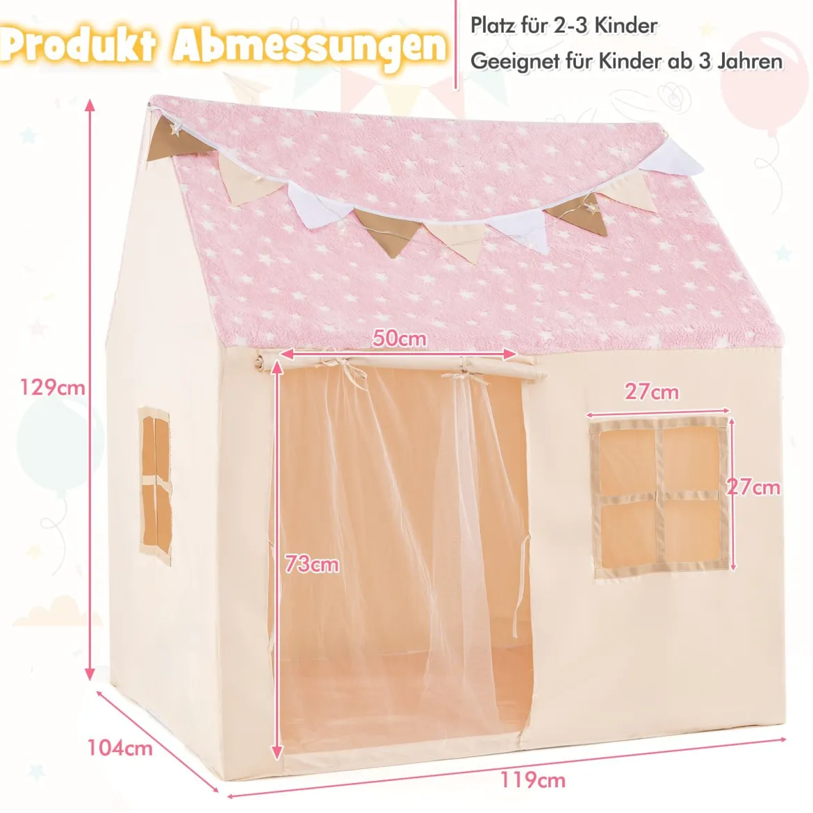 Kinder Spielhaus mit Gepolsterter Matte & Sternenlichtern Kinderzelt Spielzelt Rosa