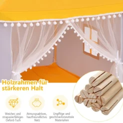 Kinderspielhaus mit Massivholzrahmen & Baumwolldecke Kinderzelt Gelb + Grau