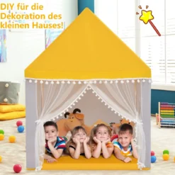 Kinderspielhaus mit Massivholzrahmen & Baumwolldecke Kinderzelt Gelb + Grau
