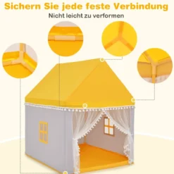 Kinderspielhaus mit Massivholzrahmen & Baumwolldecke Kinderzelt Gelb + Grau