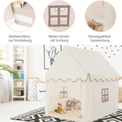 Kinderspielhaus mit Massivholzrahmen & Baumwolldecke Kinderzelt Beige