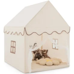 Kinderspielhaus mit Massivholzrahmen & Baumwolldecke Kinderzelt Beige