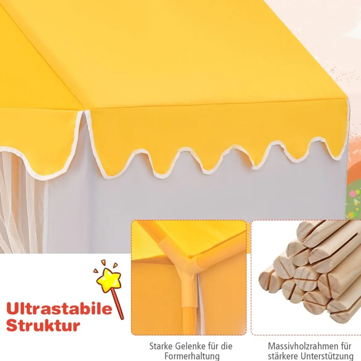 Kinderspielhaus mit Massivholzrahmen & Baumwolldecke Kinderzelt Grau + Gelb