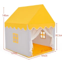 Kinderspielhaus mit Massivholzrahmen & Baumwolldecke Kinderzelt Grau + Gelb