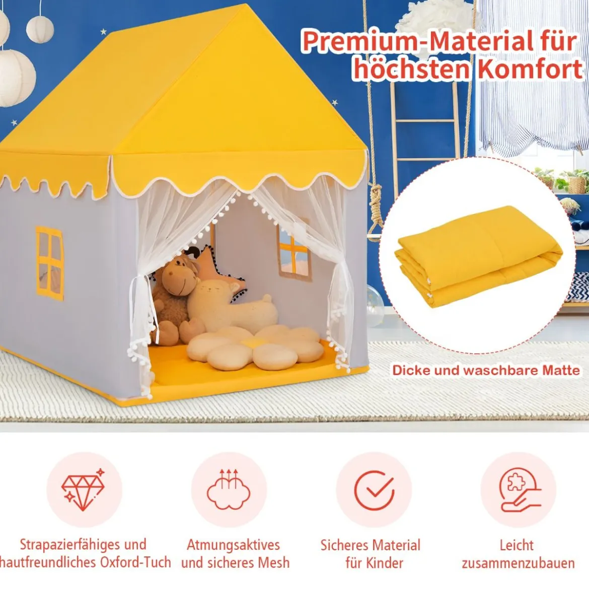Kinderspielhaus mit Massivholzrahmen & Baumwolldecke Kinderzelt Grau + Gelb