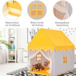 Kinderspielhaus mit Massivholzrahmen & Baumwolldecke Kinderzelt Grau + Gelb