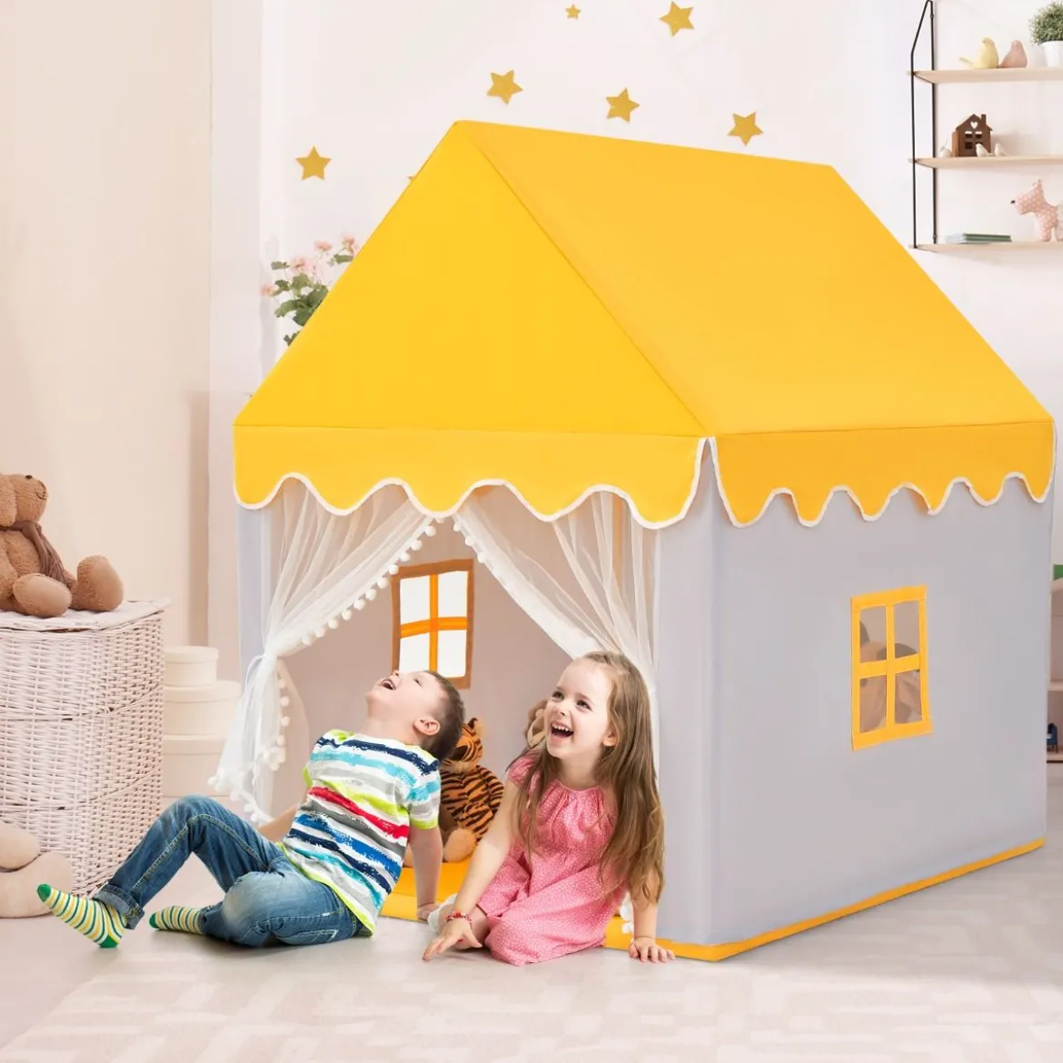 Kinderspielhaus mit Massivholzrahmen & Baumwolldecke Kinderzelt Grau + Gelb